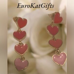 Red Pink Heart Drop Earrings with Gold Accents Stud back posts NEW NWT